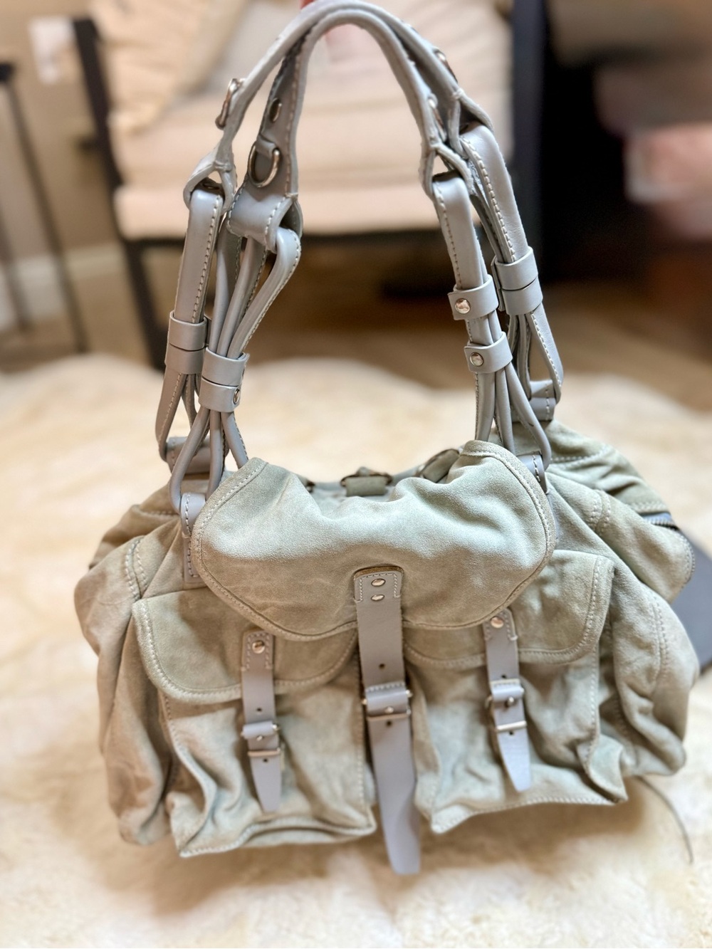 Balenciaga Pale Blue Suede Satchel with Buckle Details - Picture 2 of 13
